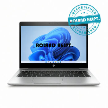 HP laptop displaying blue abstract wallpaper with 'ROLAND HEPT.' text on the screen and a circular 'Refurbished' stamp in the top-right corner of the image.